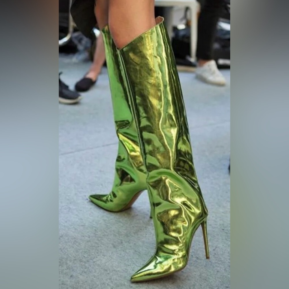 Women's High Boots Green Pointed Toe Knee-high Boots